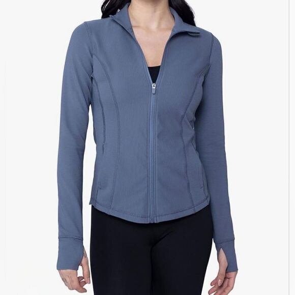 90 Degree By Reflex Womens Blue High Neck Ribbed Performance Jacket - Picture 3 of 16